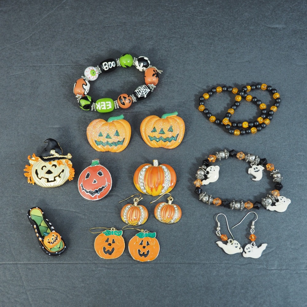Halloween Jewelry Lot Bracelet Earrings Brooch Pin Pumpkin Ghost Matching Sets